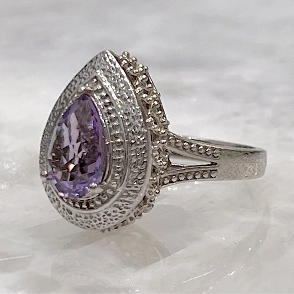 Rose de France Amethyst Pear Shaped Sterling Silver Ring Sz 8